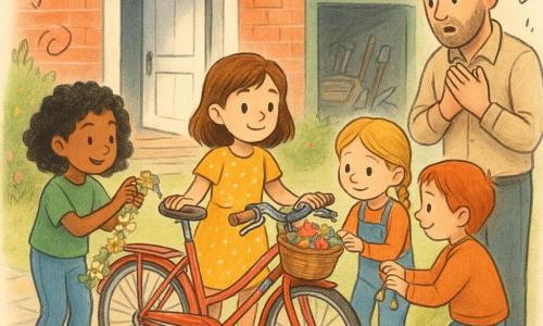 Cinq personnages : Camille (fille ~9 ans, cheveux châtains mi‑longs, robe jaune à pois) tient par le guidon la bicyclette restaurée, Jade (~9 ans, cheveux bouclés noirs, t‑shirt vert) accroche une guirlande de fleurs au panier, Léa (~8 ans, cheveux blonds en tresse, salopette bleue) colle des autocollants sur le cadre, Zoé (~9 ans, cheveux roux courts, sweat orange) attache de petites clochettes au guidon, et le papa (~35 ans, barbe légère, chemise beige) se tient devant la porte entrouverte, surpris et ému, mains sur le cœur. Devant la maison en briques rouges avec jardin, pelouse et parterres, garage ouvert en arrière‑plan, ciel clair de fin d’après‑midi avec lumière douce et ombres longues, sol en dalles, quelques doodles flottants (cœurs, étoiles). Les filles présentent la vieille bicyclette restaurée, brillante et décorée de rubans, panier en osier et fleurs en papier ; expression joyeuse des enfants et larmes de joie discrètes chez le papa ; style coloré, traits doux, textures papier et crayon, palette pastel vive.