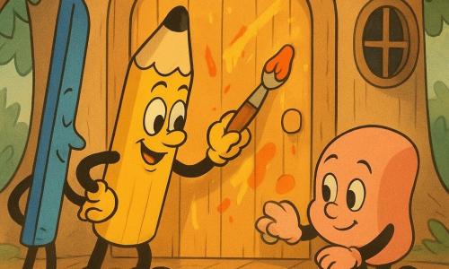 Marcel, crayon jaune anthropomorphe au visage rond et sourire concentré, peint la grande porte en bois de la cabane avec un pinceau; une règle bleue anthropomorphe, posée à gauche et les yeux mi-clos, guide une ligne droite, une gomme rose ronde à droite enlève une tache avec précaution, et un cahier vert cartonné ouvert montre le plan de la cabane; la cabane claire est posée sur une grosse branche de pommier, feuilles vertes encadrant la scène, petite fenêtre ronde et guirlande de lucioles, vernis encore humide, éclaboussures de peinture jaune, orange, rouge, bleu et vert, lumière dorée de fin d’après-midi et atmosphère chaleureuse et coopérative.