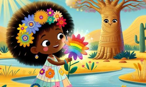 Au centre de l'image, Lila, une petite fille de 8 ans, sourit émerveillée. Elle a de longs cheveux crépus ornés de fleurs, une robe légère aux motifs africains et des sandales en paille. Ses yeux brillent d'excitation en admirant une fleur arc-en-ciel scintillante devant elle. À côté, un baobab majestueux semble l'écouter, ses feuilles bruissant doucement. En arrière-plan, un ruisseau clair serpente à travers la savane, entouré de collines dorées et d'herbes hautes. Lila découvre la fleur arc-en-ciel, illuminant son visage et le paysage, symbolisant la joie et la diversité.