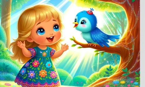 Une petite fille de 2 ans, aux cheveux dorés et aux yeux curieux, sourit en regardant un oiseau bleu perché sur une branche d'un grand arbre. Elle porte une robe à fleurs colorées et se tient sur un tapis d'herbe verte, les bras ouverts. L'oiseau, avec un chapeau rouge, la regarde avec bienveillance. La scène se déroule dans une forêt enchantée, remplie d'arbres majestueux et de fleurs multicolores, baignée par un doux rayon de soleil. La petite fille écoute attentivement l'oiseau, tandis que les feuilles de l'arbre chantent une mélodie joyeuse, créant une atmosphère de bonheur et de partage.