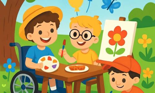 Il y a trois personnages : Léo, un garçon de 8 ans dans un fauteuil roulant, souriant avec une palette de peinture ; Tom, un garçon de 7 ans avec des lunettes, debout à côté de Léo, tenant un pinceau et regardant le tableau ; et Arthur, un garçon de 6 ans accroupi, dessinant des fleurs rouges. Ils se trouvent dans un jardin ensoleillé, entourés de fleurs colorées et d'arbres verts, avec une table en bois. Les garçons peignent et dessinent ensemble, riant et partageant des biscuits sous un arbre, créant un moment joyeux d'été.