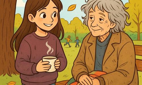 Une fille de 12 ans, Lina, avec de longs cheveux bruns et des yeux pétillants, se tient sous un marronnier, souriante. Elle porte un sweat usé et un jean, tenant une tasse de thé fumant, son regard plein de compassion. À côté d'elle, une dame d'un certain âge, Sylvie, avec des cheveux gris en désordre et un grand manteau usé, sourit doucement, assise sur un banc en bois, entourée d'une couverture colorée. Le parc est verdoyant, avec des feuilles dorées tombant des arbres et des enfants jouant au loin. Lina et Sylvie partagent un moment de tendresse, échangeant des sourires et des histoires dans cet environnement paisible.