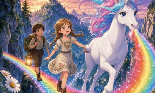Une licorne blanche brillante à corne argentée et crinière irisée crée un pont d'arc‑en‑ciel étincelant entre deux falaises ; Lara, 10 ans, tresse châtain clair et robe à fleurs, tient la main de la licorne et avance, suivie de Tim, ~11 ans, cheveux courts bruns, sac à dos et lanterne magique ; ravin montagneux au crépuscule, falaises mousseuses, marguerites géantes et arbre magique en arrière‑plan, atmosphère d'espoir et étincelles magiques.