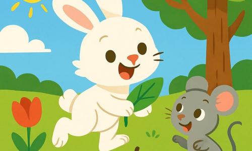 Un lapin aux grandes oreilles, au pelage blanc, saute joyeusement dans un jardin ensoleillé, tenant une feuille verte. À côté, une petite souris grise, avec de grands yeux et un petit nez rose, l'observe avec impatience. Le jardin est rempli de fleurs colorées sous un ciel bleu avec des nuages. Un arbre majestueux offre de l'ombre aux deux amis qui partagent un moment de joie autour d'une pomme rouge sur l'herbe, symbolisant leur amitié.