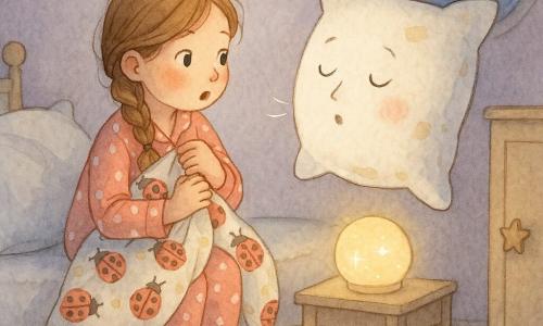 Lila, 10 ans, souriante et un peu étonnée, en tresse lâche et pyjama rose à pois, est assise au bord du lit en serrant une couette à coccinelles, une chaussette pendante, tandis que l’oreiller Biscotte, blanc avec taches jaune toast et une petite bouche chuchotante, flotte face à elle en lui révélant la « clé des rêves» ; la veilleuse lune pâle clignote doucement, un placard à chaussettes fermé à poignée étoile apparaît en arrière-plan, et la chambre lavande, chaleureuse et légèrement comique, est ornée d’une guirlande de lucioles et d’une fenêtre ronde laissant voir la lune bleue.