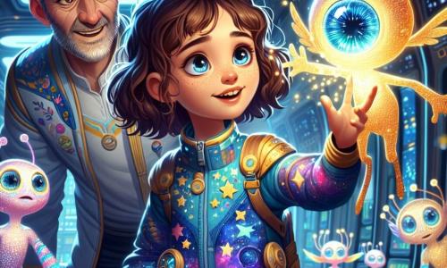 Au centre de l'image, Léna, une fille de 12 ans aux cheveux châtains bouclés et aux yeux curieux, admire un groupe de Zorblans. Elle porte une combinaison spatiale colorée avec des motifs d'étoiles et exprime une joie intense en tendant la main vers un Zorblan pour toucher son cristal luminescent. À côté, le capitaine Vega, un homme d'une quarantaine d'années aux cheveux grisonnants, observe avec fierté la connexion entre Léna et les Zorblans. Ces créatures aux grands yeux irisés dansent autour d'elle, créant une atmosphère joyeuse. Le décor futuriste de la Station Stellaire Alpha est rempli de lumières scintillantes et de panneaux de contrôle, avec des fenêtres montrant un ciel étoilé. Cette scène symbolise l'amitié entre les espèces à travers un moment d'échange intergalactique.