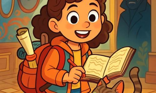 Amandine, une jeune fille de 10 ans aux cheveux châtains bouclés et aux yeux curieux, se tient au centre de l'image avec un carnet à la main et un sourire émerveillé. Elle porte une veste légère et un sac à dos d'exploration. À ses côtés, Grisou, son chat tigré espiègle, se frotte contre sa jambe, prêt pour l'aventure. En arrière-plan, un homme mystérieux au manteau sombre, d'environ 40 ans, avec une barbe grisonnante et un regard intense, l'observe avec méfiance. Le lieu est une vaste salle circulaire, aux murs couverts de miroirs anciens et de fresques colorées, éclairée par des rayons de lumière filtrant à travers un dôme de verre. Amandine feuillette un carnet ancien, tandis que Grisou explore les lieux, et l'homme semble hésiter, prêt à révéler un secret.
