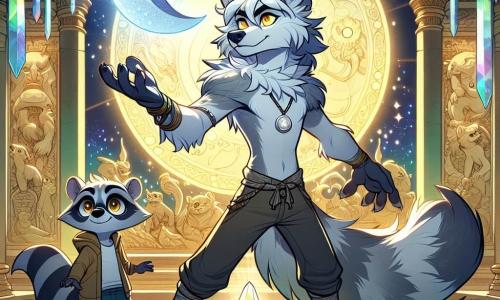 Au centre de l'image, Léo, un jeune loup-garou au pelage argenté, se tient fier et déterminé, les yeux dorés fixés sur un artefact en forme de croissant d'argent qui flotte devant lui. À ses côtés, Rocco, un raton laveur aux yeux pétillants, l'observe avec admiration, prêt à applaudir. Le décor est une salle de temple ancien, ornée de fresques lumineuses et de cristaux scintillants. Léo est sur le point de saisir l'Artefact de la Lune, encouragé par Rocco, alors qu'une silhouette majestueuse veille sur le trésor, créant une atmosphère magique et mystérieuse.