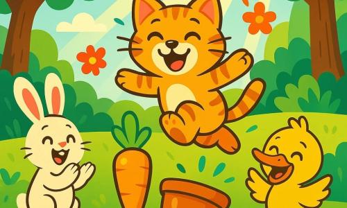 Un chat tigré nommé Pompom, avec un pelage doux et des yeux brillants, saute joyeusement dans les airs, entouré de fleurs colorées. À côté, Léon le lapin, aux grandes oreilles et au pelage blanc, applaudit avec enthousiasme. Riri le canard, au plumage jaune éclatant, fait des bonds en riant. La scène se déroule dans une forêt enchantée, avec des arbres majestueux et des rayons de soleil illuminant le sol parsemé de fleurs. Au centre, une grande carotte dorée attire tous les regards. Pompom tente de sauter par-dessus la carotte, mais trébuche et tombe dans un pot de fleurs, provoquant un moment hilarant qui fait rire ses amis.