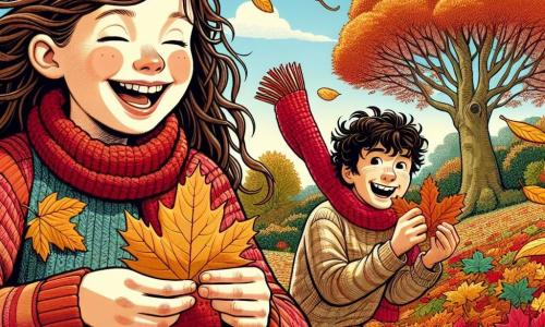 Une fille de 10 ans, Louise, avec de longs cheveux châtains, porte un pull rouge et une écharpe tricotée. Elle sourit émerveillée en ramassant des feuilles colorées dans un jardin d'automne. À ses côtés, son ami Sami, également âgé de 10 ans, tient une feuille dorée en forme de cœur. Le jardin est rempli de feuilles aux couleurs vives et un grand chêne se dresse en arrière-plan. Le ciel est bleu clair avec des nuages blancs, et le sol est couvert de feuilles croustillantes. Louise et Sami sont en pleine chasse aux feuilles extraordinaires, riant et s'émerveillant de la nature.