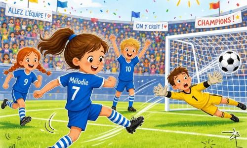 Mélodie, environ 10 ans, cheveux bruns en queue de cheval, maillot bleu vif et chaussettes rayées, souriante et concentrée, frappe un ballon blanc et noir vers le but dans un geste dynamique ; un garçon blond coéquipier a les bras levés derrière elle après une passe, une fille rousse en tresses court à gauche en encouragement, et un gardien en jaune plonge trop tard à droite ; le ballon entre dans le filet sous des éclats de lumière, l’équipe célèbre sur une pelouse verte dans un grand stade aux tribunes colorées, banderoles, confettis et un ciel clair avec un soleil doodle souriant, style enfantin et chaleureux.