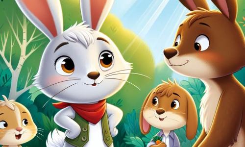 Léo, un petit lapin aux grandes oreilles et à la fourrure blanche, se tient au centre de la scène, déterminé et souriant, prêt à parler à ses parents. Il porte un foulard rouge symbolisant son courage. À sa droite, son père, Lapinou, avec sa fourrure brune et ses yeux doux, écoute attentivement, assis sur une couverture de pique-nique. À sa gauche, sa mère, Lapinette, a une fourrure crème et un sourire chaleureux, tenant un panier de carottes. La scène se déroule dans une forêt verdoyante, avec des arbres aux feuilles éclatantes et des fleurs colorées, sous un soleil brillant. Léo exprime ses sentiments à ses parents, créant un moment chaleureux de communication familiale.