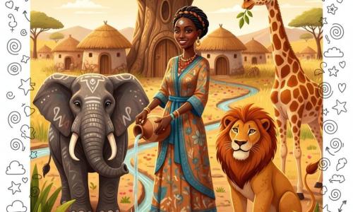 Amina, femme adulte au visage souriant et déterminé, peau couleur miel et cheveux noirs tressés en couronne, verse de l'eau claire d'une gourde en argile dans un petit canal d'irrigation; l'eau scintille et la terre reverdit instantanément. À sa gauche, Tembo l'éléphant sage, grand et trompe levée, peau grise ornée de motifs blancs, aide à guider l'eau; à sa droite, Simba le lion musclé à la crinière rousse observe avec bienveillance tandis que, en arrière à droite, Nala la girafe élancée baisse le cou pour regarder la scène en mâchant des feuilles. Le village s'étend sous un grand baobab ancien avec une porte sculptée ouverte, maisons rondes en terre cuite aux toits d'herbe, rues parées de pétales colorés et petits canaux réfléchissant le ciel; composition chaleureuse aux teintes ocre, vermillon et vert émeraude, textures marquées (terre craquelée, bois sculpté, perles du collier).