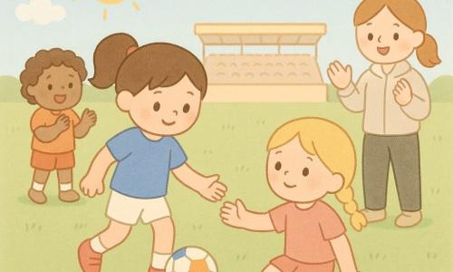 Emma, environ 8 ans, cheveux bruns en queue de cheval, tenue sportive bleue, short blanc et chaussures rouges, souriante et concentrée, dribble doucement un ballon rond et coloré sur une pelouse verte avec ligne blanche dans un petit stade lumineux; une amie d’environ 8 ans, blonde en tresse, lui tend la main après une petite chute; une coéquipière d’environ 9 ans, cheveux bouclés, applaudit en souriant en arrière; l’entraîneuse (30–40 ans) en tenue sportive encourage depuis la ligne; ambiance chaleureuse, couleurs pastel, formes rondes et silhouettes simples, ciel bleu avec quelques nuages et soleil bas.