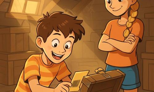 Un garçon de 12 ans, Antonin, aux cheveux bruns en bataille et aux yeux curieux, est agenouillé devant une vieille malle en bois, le visage illuminé par l'excitation. Il porte un t-shirt rayé et un short, fouillant avec enthousiasme dans la malle. À ses côtés, sa grande sœur Louise, 14 ans, aux cheveux blonds tressés et au sourire malicieux, observe avec impatience. Le grenier est magique, rempli de vieilles caisses et de souvenirs oubliés, avec des rayons de lumière filtrant à travers une lucarne. Antonin ouvre la malle, révélant des lettres jaunies et des photographies en noir et blanc, tandis que Louise se penche en avant, impatiente de découvrir les secrets de leur famille.