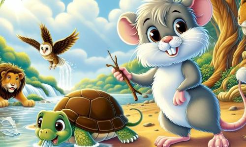 Un rat nommé Rémi, avec un pelage gris clair et un sourire malicieux, se tient au bord d'une rivière en ramassant des déchets avec une branche. À ses côtés, Tilly, une tortue à la carapace verte, ramasse un morceau de plastique avec détermination. En arrière-plan, Léo, un lionceau, pousse un gros débris vers le rivage, tandis que Bibi, un hibou, vole au-dessus d'eux avec un déchet dans ses serres. La rivière, entourée d'arbres majestueux, est illuminée par le soleil, et la scène montre les amis unis dans un effort joyeux pour nettoyer leur environnement.