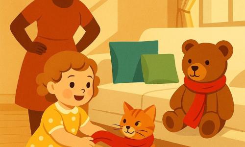 Une fillette de 2 ans, joyeuse, cheveux bouclés châtain clair, en robe jaune à pois blancs, à genoux tendant la main vers une petite écharpe rouge tenue par un chat tigré orange et blanc au regard malicieux ; un ours en peluche marron clair, écharpe rouge enroulée autour du cou, est assis sur le canapé à droite ; la mère (environ 30 ans) sourit, debout en retrait à gauche, mains sur les hanches ; salon lumineux à parquet clair, grand canapé crème et coussins colorés, boîte à jouets ouverte et rayon de soleil entrant par une fenêtre à rideau léger ; ambiance chaude et complice, couleurs pastel contrastées par le rouge vif de l’écharpe, composition simple aux formes géométriques stylisées art déco et textures douces adaptées aux tout-petits.