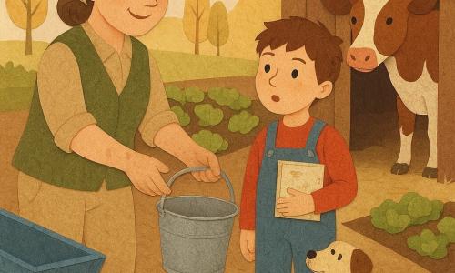 Lise, agricultrice d'une trentaine d'années au visage rond et au sourire doux, vêtue de toile beige et d'un gilet vert, mains un peu terreuses, tend un seau vers l'étable tandis qu'à ses côtés un garçon de neuf ans en salopette en jean et bottes rouges, carnet taché à la main, la regarde, étonné et curieux; près d'eux, Nougat, petit chien beige tacheté, remue la queue sur la paille; en arrière-plan, une vache brune tachetée à l'entrée de l'étable tourne la tête vers Lise; la scène se déroule dans la cour de la ferme au petit matin — sol de terre et paille, brouette en bois bleu, potager triangulaire de laitues et peupliers baignés d'une lumière dorée — dans une atmosphère calme et chaleureuse de découverte et de travail partagé, représentée en collages de papiers découpés aux textures visibles et aux couleurs chaudes.