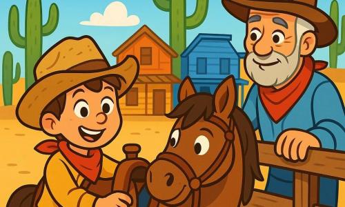 Un jeune cow-boy, Billy Bronco, dix ans, avec un chapeau de paille usé et un grand sourire, selle son cheval, Tonnerre. Ses yeux brillent d'excitation. À proximité, son ami Sam, un homme d'environ cinquante ans avec une barbe grisonnante et un bandana rouge, l'observe avec bienveillance, prêt à donner des conseils. La scène se déroule dans la ville poussiéreuse de Cactus Valley, entourée de maisons en bois colorées et de cactus sous un ciel bleu. Billy se prépare pour la Grande Course Sauvage, un événement palpitant où les cavaliers affrontent des défis naturels, l'air étant chargé d'excitation et de poussière.