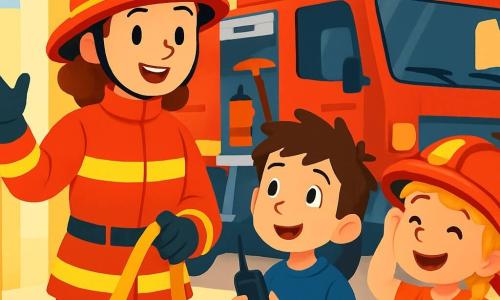 Léa, une femme pompier souriante en uniforme rouge vif, se tient devant un camion de pompier étincelant. À ses côtés, Tom, un garçon de 8 ans aux cheveux bruns, regarde avec émerveillement en tenant un talkie-walkie. Emma, une fille de 7 ans avec des tresses blondes, essaie de porter le casque de Léa en riant. La scène se déroule dans une caserne lumineuse aux murs jaunes. Léa explique avec enthousiasme son métier, captivant l'attention des enfants.