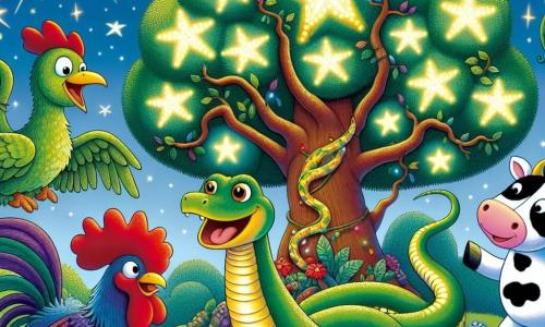 Un serpent nommé Serpentino, aux écailles vertes et dorées et aux grands yeux curieux, se faufile joyeusement autour d'un arbre aux étoiles, souriant et prêt à découvrir un gâteau mystérieux. À ses côtés, Bernard le coq, avec ses plumes rouges éclatantes, chante avec enthousiasme, tandis que Marguerite la vache, douce et ronde, attend avec excitation de goûter au gâteau. L'arbre aux étoiles, majestueux et scintillant, se dresse au centre, entouré de fleurs colorées et de petits animaux curieux. Serpentino et ses amis sont en quête du fameux gâteau aux vers de terre, dans une ambiance festive et joyeuse, remplie de rires et d'amitié.