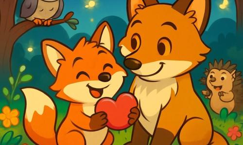 Dans une clairière enchantée, un jeune renard nommé Félix, avec une fourrure rousse et des yeux pétillants, tient une pierre en forme de cœur, souriant joyeusement. À ses côtés, son papa renard au pelage brun doré l'observe avec fierté, le protégeant de ses pattes. La clairière est illuminée par des fleurs sauvages et des lucioles, créant une ambiance magique. Des amis animaux comme Lila la chouette et Gustave le hérisson applaudissent, ajoutant à la célébration de la fête des pères, où Félix offre son cadeau à son père dans une atmosphère chaleureuse.