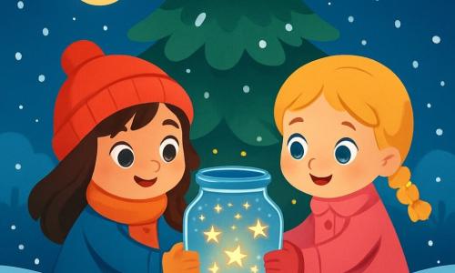 Deux petites filles de 3 ans, Lila aux cheveux bruns et Mia aux cheveux blonds, se tiennent devant un vieux sapin dans leur jardin enneigé. Lila porte un bonnet rouge et tient un bocal décoré de flocons de neige, tandis que Mia, en manteau rose, l'aide à porter le bocal. La nuit étoilée est illuminée par la lune et la douce lumière du bocal. Elles posent la veilleuse sur une table en bois sous le sapin, tandis que la neige tombe doucement, créant une atmosphère magique et chaleureuse.