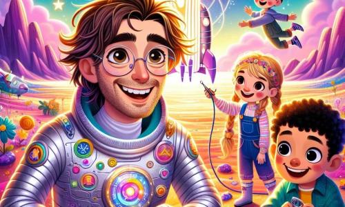 Un homme nommé Alex, avec des cheveux bruns en bataille et des lunettes rondes, sourit devant une grande machine brillante. Il porte une combinaison spatiale argentée ornée de boutons colorés, et ses yeux pétillent de joie. À ses côtés, Lila, une fille d'environ 10 ans avec des cheveux blonds tressés et une salopette bleue, ajuste un outil, concentrée et enthousiaste. Max, un garçon de 10 ans avec des cheveux noirs et un grand sourire, se tient à côté d'Alex, prêt à piloter leur vaisseau. La scène se déroule sur une planète colorée avec des montagnes violettes et des rivières dorées sous un ciel étoilé. Alex et ses amis découvrent une machine magique émettant une lumière douce, symbolisant l'espoir et l'énergie propre pour leur planète.