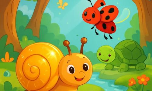Un petit escargot nommé Gustave, avec une coquille dorée, se tient sur une feuille verte, curieux et émerveillé. À côté de lui, Lila la coccinelle, rouge avec des points noirs, vole joyeusement, ses ailes scintillant au soleil. En arrière-plan, Mamie Olive, une tortue sage avec une carapace marbrée, repose près d'un ruisseau entouré de fleurs et de papillons. La scène se déroule dans une forêt enchantée, avec des arbres noueux et des rayons de soleil créant une atmosphère magique. Gustave et Lila partagent un moment de bonheur, prêts à découvrir le secret de la coquille de Gustave.