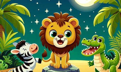 Léo le lion, avec sa crinière dorée et ses grands yeux pétillants, est joyeux et curieux. Il se tient sur une pierre, prêt à partir à l'aventure. À côté de lui, Croq le crocodile, avec sa peau verte brillante et ses dents blanches, sourit en se frottant les pattes dans l'eau. Zoé la zèbre, avec ses rayures noires et blanches, saute joyeusement, ses oreilles dressées. La scène se déroule dans une jungle enchantée, pleine de grandes feuilles vertes, de fleurs colorées et d'arbres majestueux. La lune brille dans le ciel étoilé, illuminant les visages des amis. Léo et ses amis se rassemblent, prêts à chercher un trésor, riant et s'amusant ensemble dans la nuit magique.