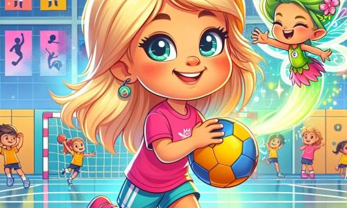 Léa, une petite fille de 6 ans aux cheveux blonds et aux yeux pétillants, sourit en dribblant un ballon de handball. Elle porte un t-shirt rose et un short bleu, ses joues rosies par l'excitation. À ses côtés, Zéphyr, un lutin magique aux ailes scintillantes et cheveux verts, virevolte en l'encourageant. Le gymnase est coloré, avec des lignes blanches et des posters de sportifs. Les enfants jouent autour d'eux, riant et s'amusant. Léa et Zéphyr participent à un jeu d'équipe, où Léa a réussi un tir spectaculaire vers le but, créant une ambiance joyeuse et énergique.