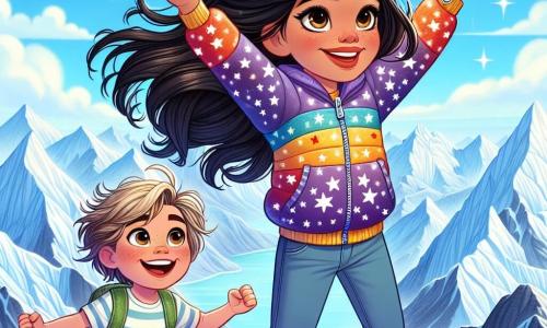 Au sommet de la Montagne Blanche, Léna, 10 ans, se tient debout les bras levés en signe de triomphe, avec ses longs cheveux bruns et une veste colorée à motifs d'étoiles. À ses côtés, Hugo, 8 ans, saute de joie, avec ses cheveux blonds en bataille, un t-shirt rayé et un short. Leur sourire éclatant témoigne de leur excitation après une aventure incroyable. Le décor est époustouflant, avec des glaciers scintillants, des nuages blancs dans le ciel bleu et des montagnes majestueuses. Ils célèbrent leur victoire après avoir rencontré un dragon légendaire, entourés par la beauté de la nature.
