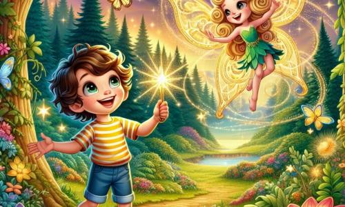 Léo, un jeune garçon aux cheveux bouclés et aux yeux pétillants, se tient au bord d'une clairière enchantée, son visage rayonnant d'excitation. Il porte une chemise à rayures colorées et un short en denim, tenant un miroir magique dans ses mains. À ses côtés, Élya, une petite fée aux ailes translucides, danse joyeusement, ses cheveux ornés de fleurs délicates. La clairière magique est entourée d'arbres aux feuilles multicolores et de fleurs en forme d'étoiles brillantes. Des papillons géants volent autour d'eux, ajoutant de la féerie à l'environnement. Léo et Élya célèbrent leur victoire après avoir récupéré la Lumière des Étoiles, entourés d'une douce lumière dorée symbolisant l'espoir et la magie de leur aventure.