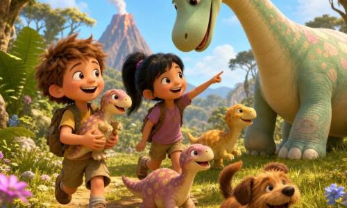 Maxime, 6 ans, joyeux et essoufflé, tient un petit dinosaure tacheté tandis que Léa, 6 ans, souriante, désigne une maman diplodocus verte et douce qui s'agenouille au loin; Rufus, petit chien brun, court en remuant la queue; quelques bébés dinosaures colorés gambadent vers leur mère dans une clairière préhistorique ensoleillée (herbes hautes, fougères, arbres larges, volcan à l'horizon), scène chaleureuse et complice, rendu 3D doux, couleurs vives et textures pelucheuses.