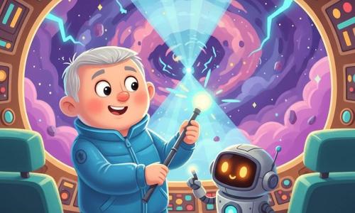 Max, visage rond, souriant mais concentré, cheveux gris clair en brosse, veste bleue, tient une canne lumineuse qui trace un tunnel de lumière dans le cockpit du vaisseau; un petit robot rond à écran visage clignote en orange et pointe une trajectoire sur une console; intérieur chaleureux aux commandes colorées, sièges turquoise et fenêtres ovales; dehors, une tempête spatiale violette et rose avec éclairs cyan, étoiles et débris, Max guide le vaisseau à travers la tempête.