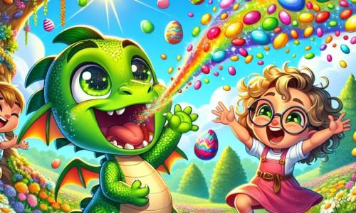 Un petit dragon nommé Zibou, avec des écailles vertes et de grands yeux joyeux, se tient dans un jardin ensoleillé, crachant des bonbons colorés. À ses côtés, une petite fille nommée Mia, aux cheveux bouclés et en robe rose, saute de joie, émerveillée par les bonbons. Un garçon aux lunettes, avec des cheveux blonds en bataille, se penche pour ramasser un œuf de Pâques brillant, surpris et excité. Le jardin est rempli de fleurs éclatantes et d'arbres verdoyants, sous un ciel bleu avec des nuages blancs. Zibou et les enfants célèbrent une chasse aux œufs de Pâques, créant une ambiance festive et magique.