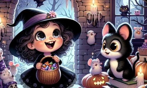 Lila, une petite fille de 4 ans aux grands yeux pétillants et cheveux bouclés, porte un costume de sorcière noir avec un chapeau pointu. Elle sourit, tenant un panier de bonbons colorés. À ses côtés, Tom, un petit chat noir aux yeux jaunes, la regarde avec curiosité. Plus loin, Mia, une souris grise sur une pile de livres, observe la scène avec inquiétude. Ils se trouvent dans une maison hantée aux murs sombres et décorée de toiles d'araignée et de décorations d'Halloween. Lila, Tom et Mia découvrent des bonbons cachés, entourés de mystère et de magie, tandis qu'un petit fantôme souriant les observe, prêt à les guider dans leur aventure.
