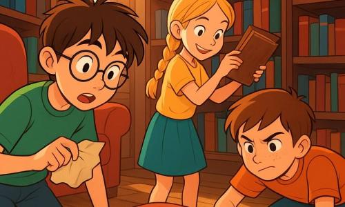 Sami, un garçon de 12 ans aux cheveux bruns en bataille et lunettes rondes, montre une curiosité intense, tenant un papier chiffonné. À ses côtés, Inès, 11 ans, avec de longs cheveux blonds tressés, examine un livre ancien. Théo, 12 ans, aux cheveux châtains et taches de rousseur, fouille près d'un coussin avec détermination. La scène se déroule dans une bibliothèque chaleureuse, remplie de livres colorés et de fauteuils confortables, baignée de lumière. Ils enquêtent sur le tampon renard disparu, scrutant des indices parmi des livres ouverts et des coussins éparpillés.
