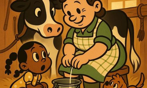 Jeanne, agricultrice souriante aux cheveux bruns en chignon et tablier à carreaux, traye doucement la vache Lili dans une grange en bois chaleureuse tandis qu'Emma, une fillette de six ans en robe jaune, la regarde émerveillée, le chien Biscotte remuant la queue près des bottes; gouttes de lait tombant dans un seau métallique, ambiance tendre aux couleurs chaudes et style cartoon rétro.
