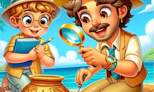 Léo, un archéologue, est penché sur le sol avec un grand chapeau beige et une loupe autour du cou. Ses yeux pétillent de curiosité et il sourit, les mains couvertes de terre, tenant une truelle. À ses côtés, Emma, une petite fille de 7 ans aux cheveux bouclés et lunettes rondes, observe avec un carnet et un crayon, prête à dessiner. En arrière-plan, une plage magnifique avec des vagues turquoise et des palmiers. Léo découvre un ancien vase en terre cuite décoré de motifs de dauphins, tandis qu'Emma s'exclame de joie, les yeux brillants d'excitation.