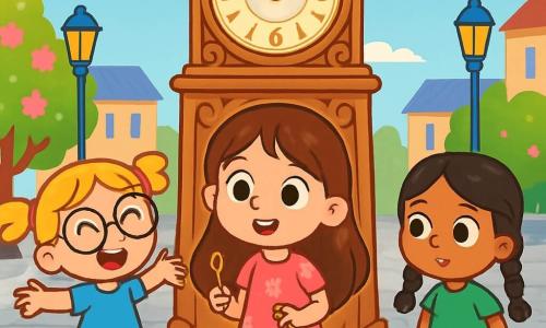 Trois personnages sont présents : Mila, une fille de 5 ans aux longs cheveux bruns, portant une robe rose et tenant une clé dorée, se tient au centre, émerveillée par une fissure de l'horloge. À gauche, Zoé, également âgée de 5 ans, avec des cheveux blonds en couettes et des lunettes rondes, est joyeuse dans son t-shirt bleu et son short à pois. À droite, Lila, avec des cheveux noirs en tresses et une robe verte, observe sérieusement la fissure. La scène se déroule sur une grande place avec une horloge ancienne ornée de sculptures en bois et de chiffres dorés, entourée de pavés en pierre grise, de lampadaires colorés et d'arbres fleuris. Les filles découvrent une fissure mystérieuse à la base de l'horloge, d'où émane une douce lumière dorée, suscitant leur curiosité.