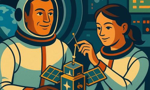 Un astronaute d'une quarantaine d'années se tient dans une station spatiale, éclairé par la lumière bleue de la Terre visible à travers une grande fenêtre. Il affiche une expression de joie sereine. À ses côtés, une astronaute d'une trentaine d'années ajuste une antenne sur un mini-satellite. Elle est concentrée et souriante. La station est moderne et lumineuse, avec des panneaux solaires à l'extérieur et des écrans à l'intérieur. La scène principale montre les astronautes assemblant le mini-satellite Étoiline, entourés de câbles et de pièces métalliques, prêts à transmettre des chansons aux enfants de la Terre.