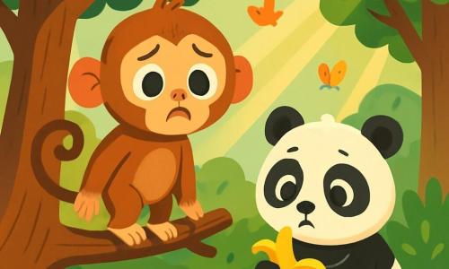 Un petit singe aux poils bruns et soyeux, avec de grands yeux curieux, se tient sur une branche d'arbre, triste et avec une bouche en « o ». À côté, un bébé panda, rond et doux, assis sur l'herbe, tient une banane à moitié mangée, l'air coupable. La scène se déroule dans une forêt enchantée avec de majestueux arbres aux feuilles brillantes, des fleurs colorées au sol et des rayons de lumière filtrant à travers les branches. Le singe cherche sa banane disparue, tandis que le panda réalise qu'il a mangé celle du singe. Ils sont entourés de la beauté de la nature, avec des oiseaux chantants et des papillons.