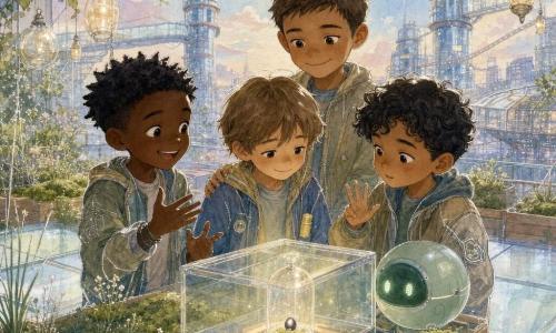Quatre garçons — Milo (7 ans, petit, cheveux châtain, tient une capsule jaune), Sam (7 ans, énergique, souriant), Yanis (presque 7 ans, concentré, compte sur ses doigts) et Noé (8 ans, plus grand, pose une main protectrice sur l'épaule de Milo) — sont réunis sur un toit-jardin suspendu en dalles de verre devant une serre contenant, sous une cloche transparente, la petite Graine-Lumi noire au point argenté ; un robot-guide sphérique vert clignote à côté, l'ambiance est douce et patiente, palette aquarelle pastel et légers reflets.