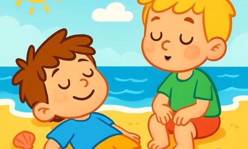 Léo, un garçon de 5 ans aux cheveux bruns en bataille, est allongé sur le sable en t-shirt bleu et short jaune, écoutant les vagues. À côté de lui, Tom, également âgé de 5 ans, avec des cheveux blonds et un t-shirt vert, est assis, les mains sur les genoux, respirant profondément. Ils se trouvent sur une plage ensoleillée avec du sable doré, des vagues douces, un ciel bleu clair et quelques nuages. Des coquillages colorés sont dispersés sur le sable, et un petit bateau à voile est visible au loin. L'histoire montre Léo et Tom se détendant, bercés par le murmure des vagues et la chaleur du soleil.