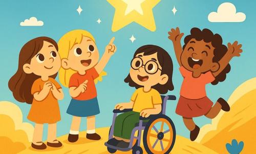 Quatre amies de 8 ans se tiennent au sommet d'une colline dorée. Mia, avec ses longs cheveux bruns, admire le ciel. Aurore, aux cheveux blonds, montre une étoile brillante. Rita, aux cheveux frisés, saute de joie, et Bina, dans son fauteuil roulant coloré, rayonne de bonheur. Le paysage est une mer de dunes de sable doré avec des fleurs sauvages colorées. Au loin, un ciel bleu est parsemé de nuages blancs. Les amies découvrent un trésor caché, une étoile brillante, symbolisant leurs rêves et les leçons sur l'amitié et l'acceptation de soi.