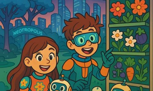 Lila, une fille de 12 ans aux longs cheveux bruns et aux yeux curieux, sourit en tenant un petit robot. Elle porte une combinaison futuriste colorée avec des motifs floraux. À ses côtés, un garçon de 12 ans aux cheveux ébouriffés et lunettes futuristes montre un jardin vertical rempli de fleurs et légumes colorés. En arrière-plan, le parc central de Neotropolis, avec des arbres bioluminescents, des gratte-ciels en verre et des drones flottants, crée une ambiance d'aventure et de camaraderie alors qu'ils travaillent ensemble à un jardin écologique avec l'aide de robots jardiniers.