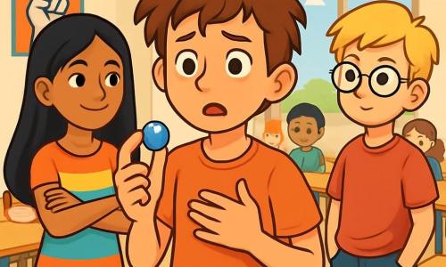 Un garçon de 12 ans, Noé, avec des cheveux bruns en bataille et des yeux curieux, se tient au centre de l'image, l'air inquiet mais déterminé, tenant une bille de verre bleue dans sa main droite et la main gauche sur son cœur. À côté de lui, sa meilleure amie Samira, également âgée de 12 ans, avec des cheveux longs et noirs et une robe colorée, le regarde avec un sourire encourageant. Lucas, un autre garçon de 12 ans aux cheveux blonds et lunettes rondes, se tient légèrement en arrière, pensif. La scène se déroule dans une salle de classe lumineuse, décorée de posters sur la confiance et la vérité, avec des tables en bois disposées en cercle et des enfants écoutant attentivement. Noé, nerveux mais résolu, se prépare à partager son secret, créant une atmosphère d'excitation et de curiosité.