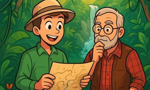 Un homme courageux, Paul, se tient au centre de la jungle, avec un regard déterminé. Il porte un chapeau d'explorateur beige, une chemise verte et un pantalon cargo marron, tenant une carte de la jungle. À ses côtés, le professeur Maxime, un homme âgé d'environ 60 ans avec des lunettes rondes et une barbe grise, observe la carte pensivement, vêtu d'une chemise à carreaux rouge et d'un gilet en cuir. La jungle est dense, avec de grandes feuilles, des lianes et des fleurs colorées. En arrière-plan, une cascade scintillante crée un bruit apaisant. Paul et le professeur Maxime explorent pour sauver le jaguar doré, éclairés par les rayons de soleil filtrant à travers le feuillage.