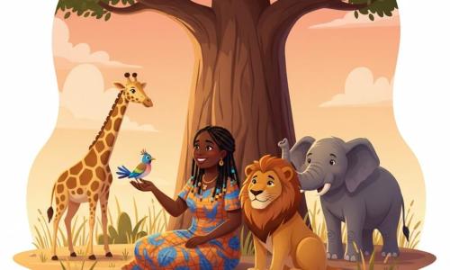 Amina, femme souriante aux tresses noires perlées, en robe wax orange et bleue, assise sous un grand baobab tend la main vers les animaux : un petit oiseau irisé sur son épaule, un lion au pelage doré et crinière cuivrée à sa droite, une girafe tachetée en arrière à gauche et un éléphant gris derrière le lion; sol sec aux herbes jaunes, fleurs rouges et rochers ocres, lumière chaude du coucher de soleil orange-rose, atmosphère harmonieuse et magique, style enfantin aux formes rondes et palette chaude.